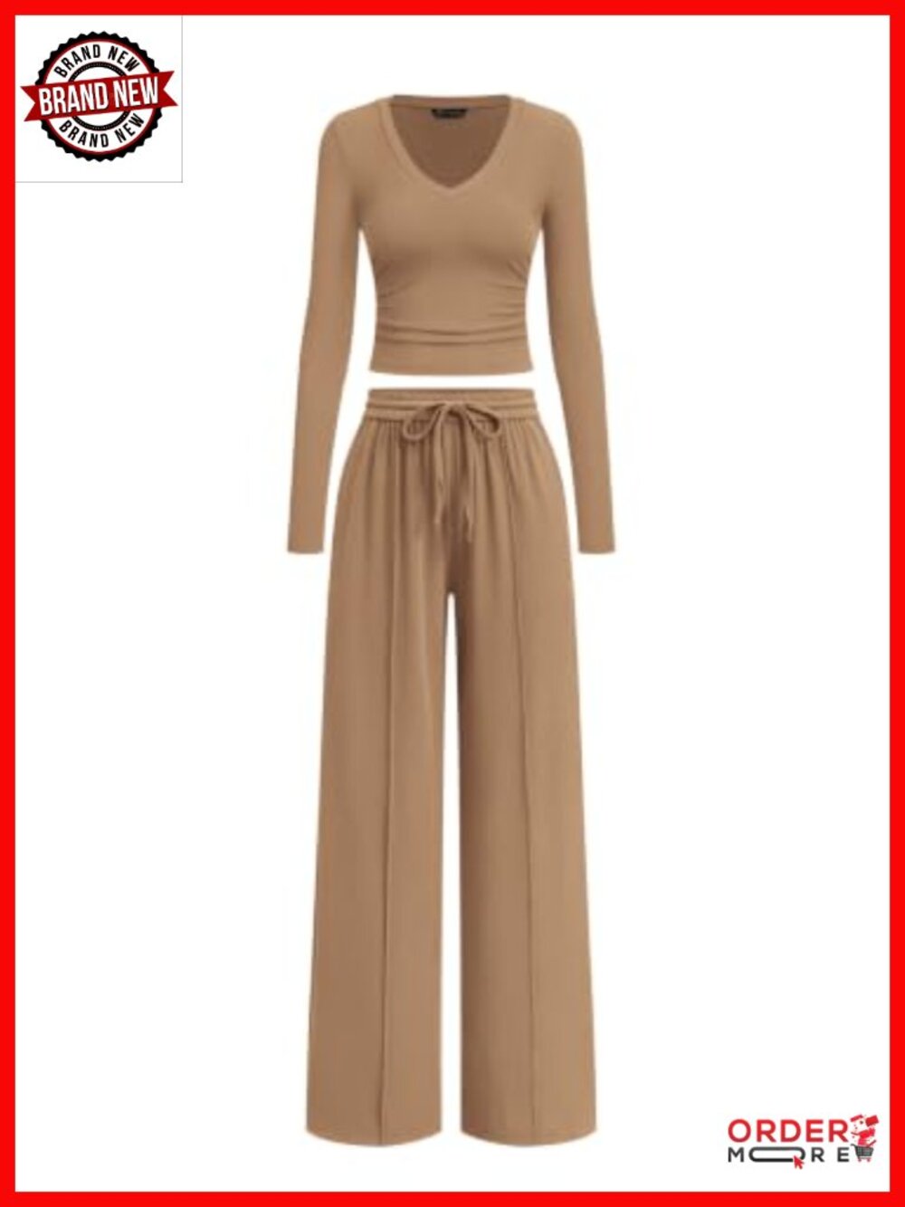 2 Piece Lounge Set V-Neck Crop Top Wide Leg Pants Tracksuit